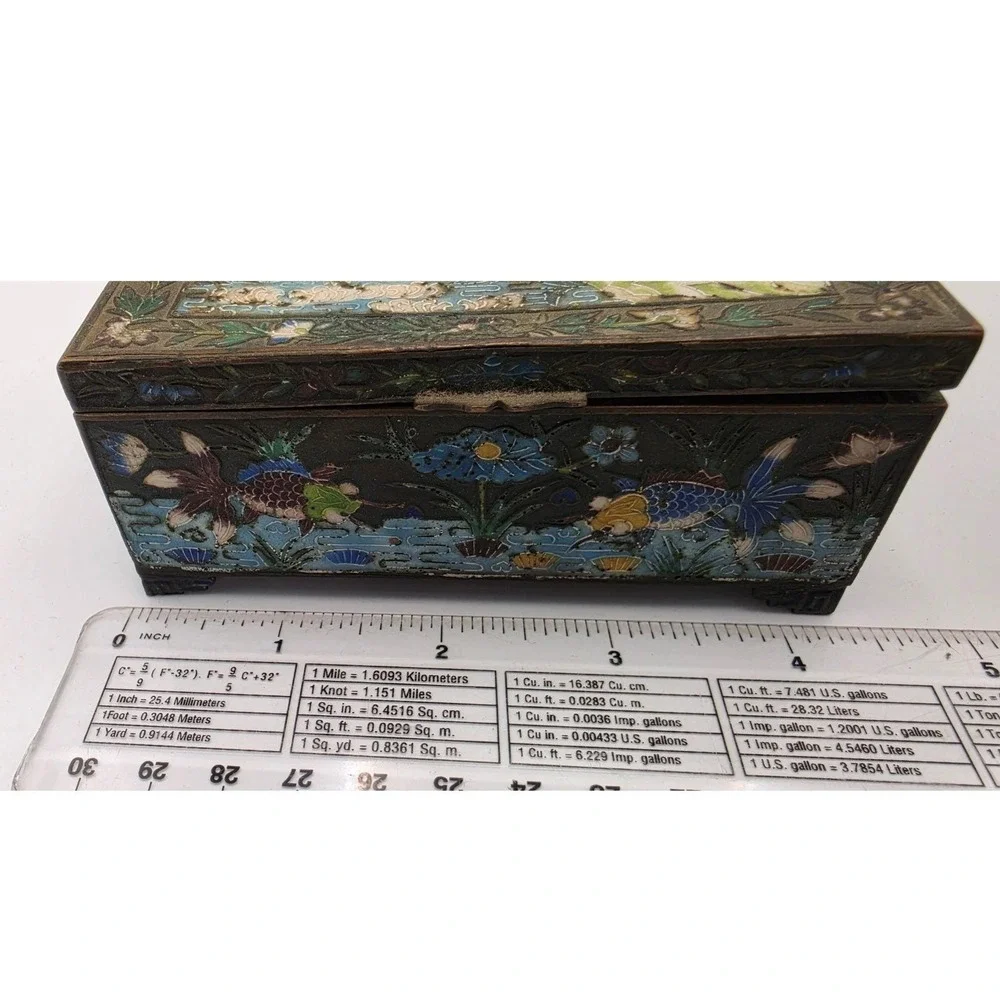 Vintage Chinese Cloisonne Enamel Jewelry Box Bird Koi Fish Champleve Wood Lined